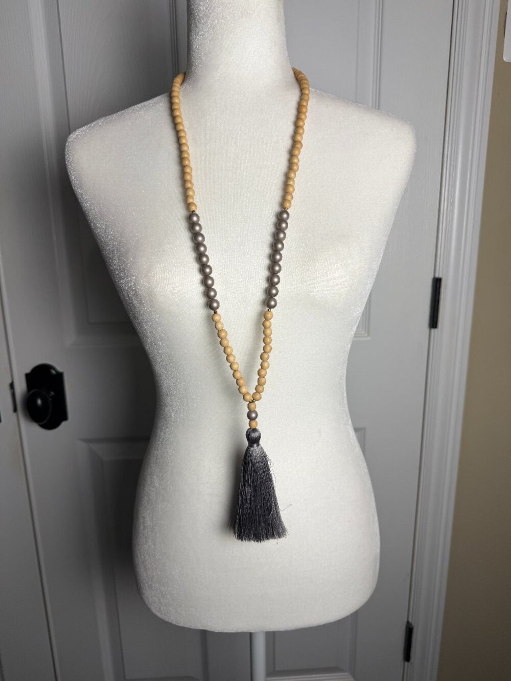 Wood Wooden Bead & Grey Thread Tassel Necklace Pendant